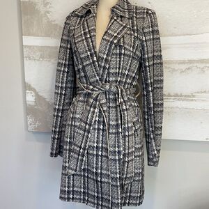 SOLITAIRE TRENCH COAT GLEN GREY BLACK PLAID SLASH POCKET OPEN FRONT SIZE S NWT